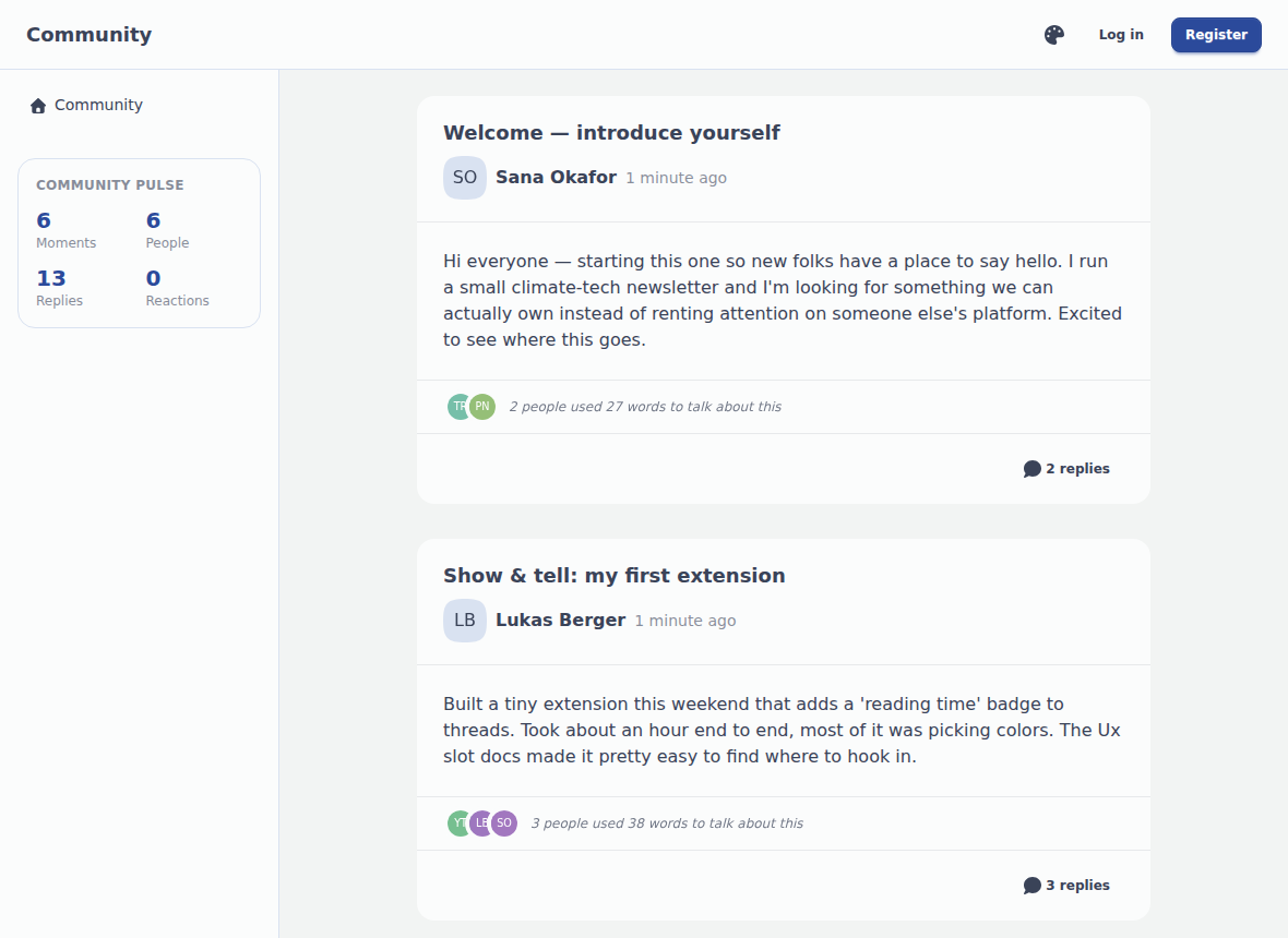 The Kopling community feed, showing several discussion threads