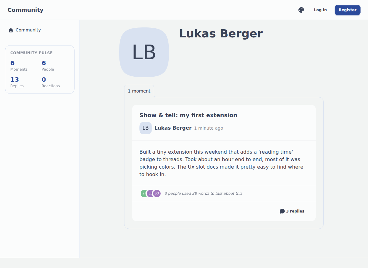 A member profile page on Kopling